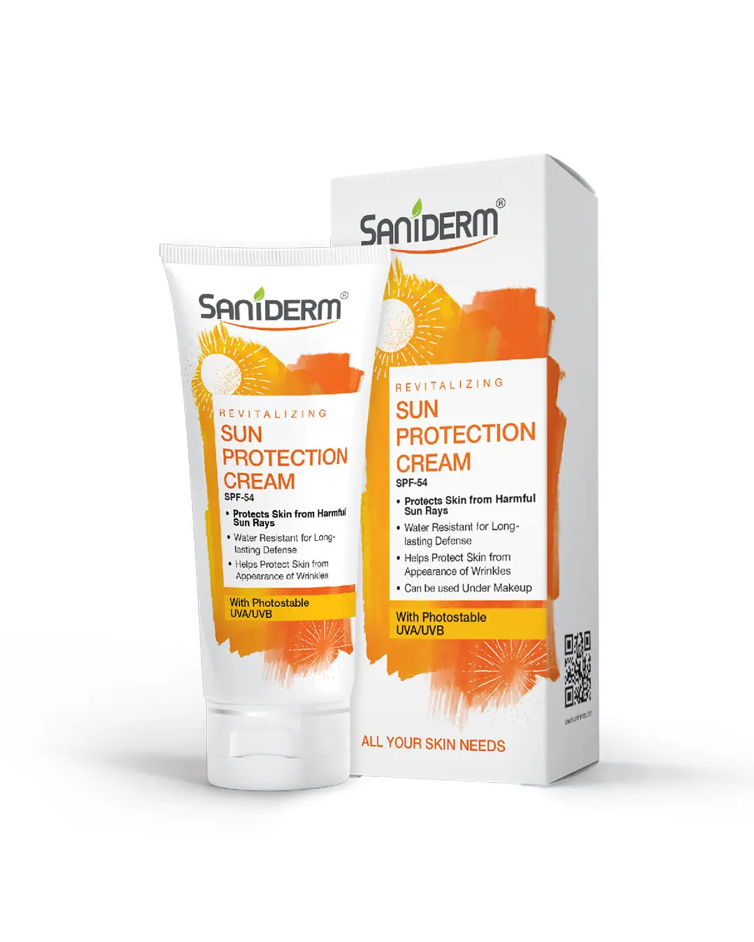 Saniderm sun protection cream packaging on a white background
