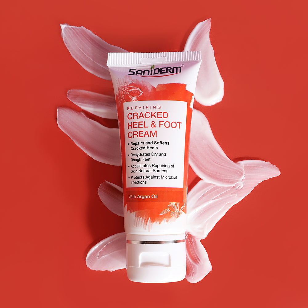 Saniderm repairing cracked heel and foot cream with packaging on a white background